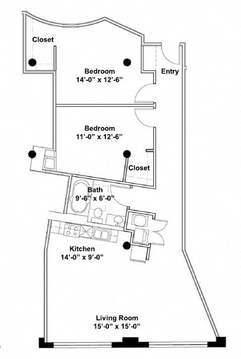 Floor plan for 2 beds, 1 bath, 1155 sqft